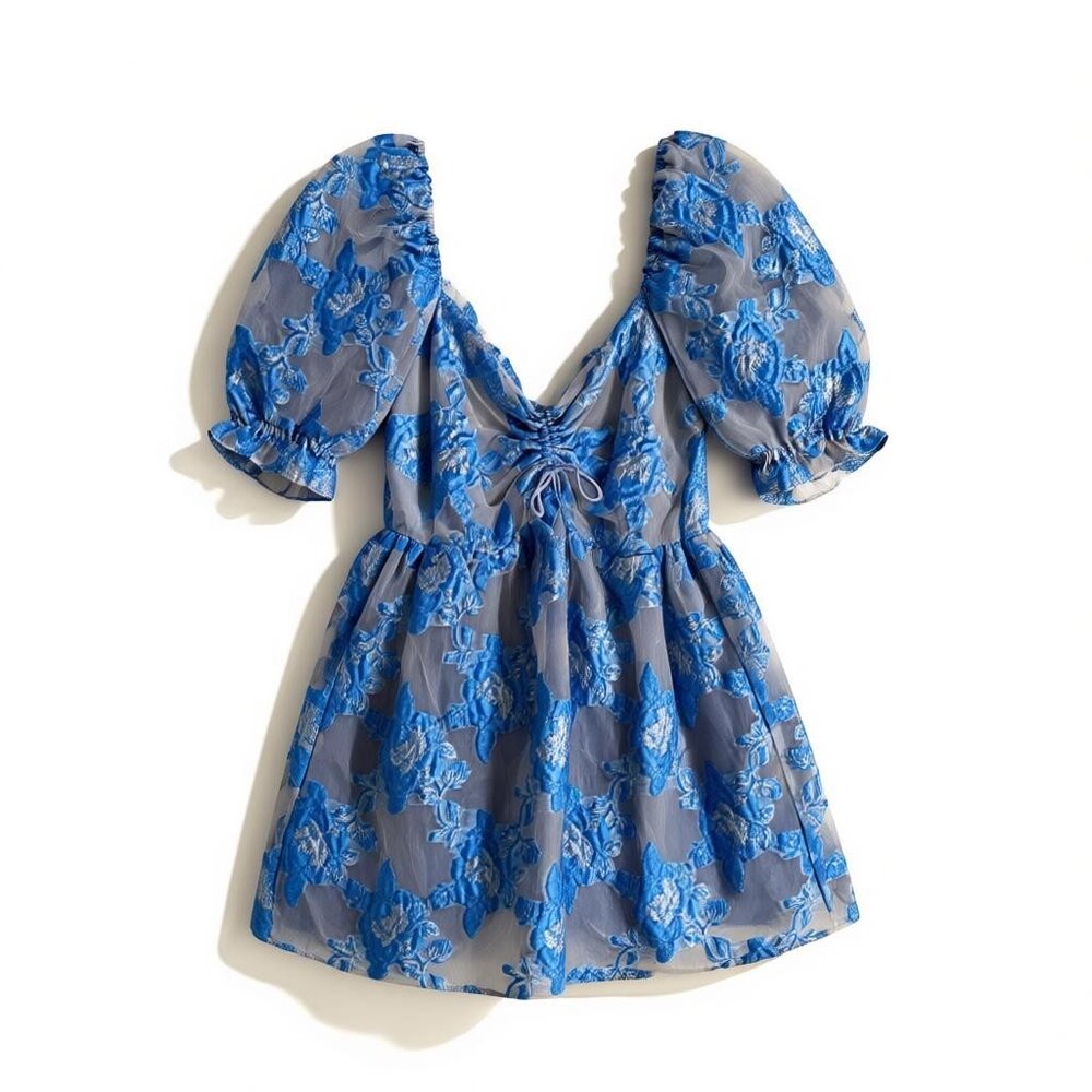 Buddy Love Puff Sleeve Mini Dress Large Blue Formal Embroidered Floral Trendy